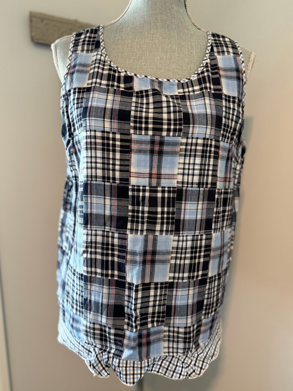 TOMMY HILFIGER Cotton Patchwork Madras Plaid Sleeveless Top Preppy Size XL